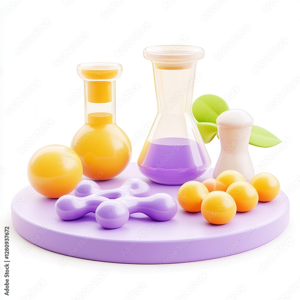 Poster a colorful arrangement of laboratory glassware with abstract shapes and spheres on a circular platfo