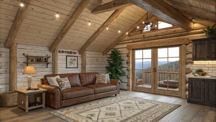 Cozy and inviting rustic log cabin interior with a warm fireplace comfortable furniture and breathtaking panoramic mountain landscape view through the large windows