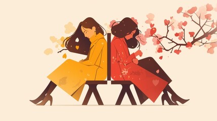 Two Women Sitting Back to Back in Coats Near Blooming Tree Autumn Spring Contrast