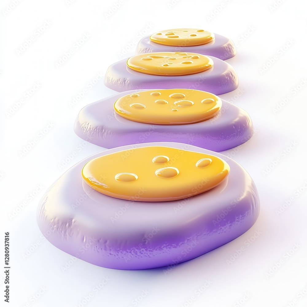 Poster colorful blobs with yellow spots arranged in a line, showcasing a smooth texture and vibrant colors 