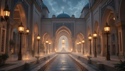 Obraz premium Majestic Arabian Palace Corridor at Dusk with Lanterns and Mist Leading to an Illuminated Archway 
