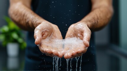 Fototapeta premium A person holds soapy water in their hands, capturing droplets as they prepare for washing or cleansing.