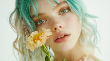 Fototapeta premium Ethereal beauty portrait with green and blue hair featuring yellow flower