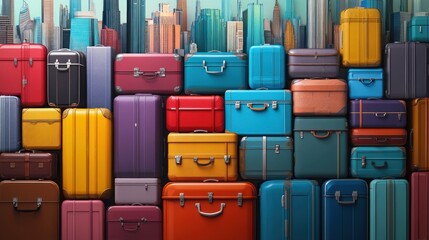 Colorful suitcases stacked against city skyline.