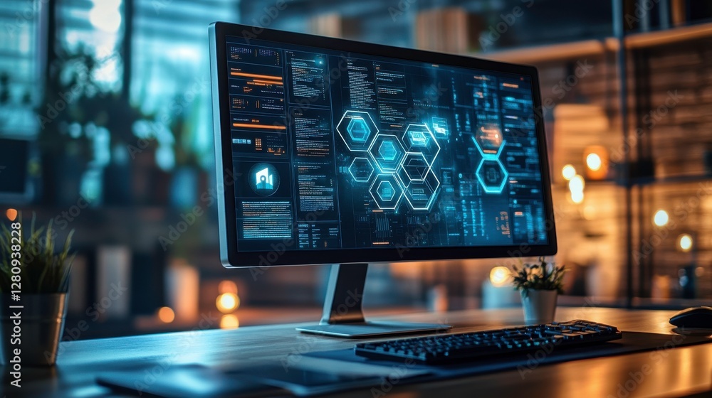 Poster a sleek computer monitor displaying digital data and graphics, set in a modern workspace with ambien