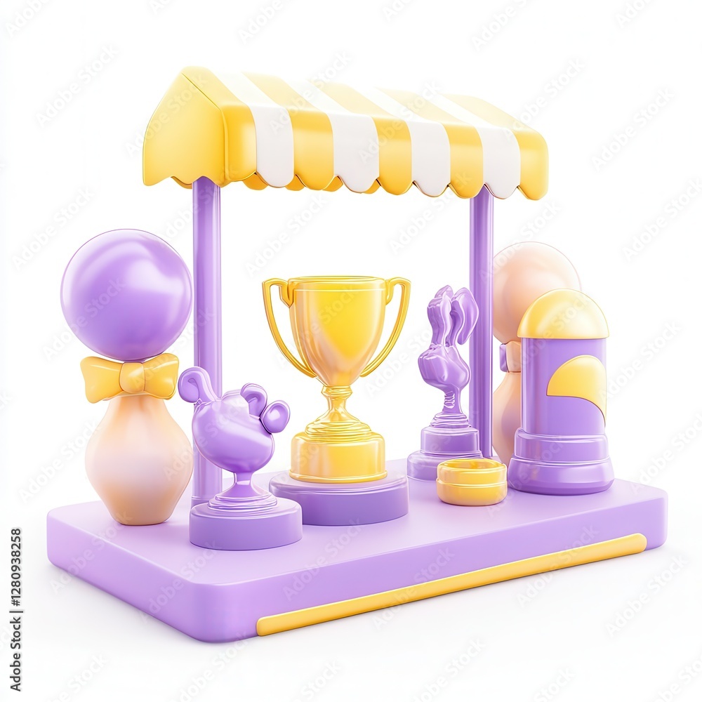 Aufkleber a colorful 3d rendering of a trophy stand with various playful shapes and objects, featuring purple 