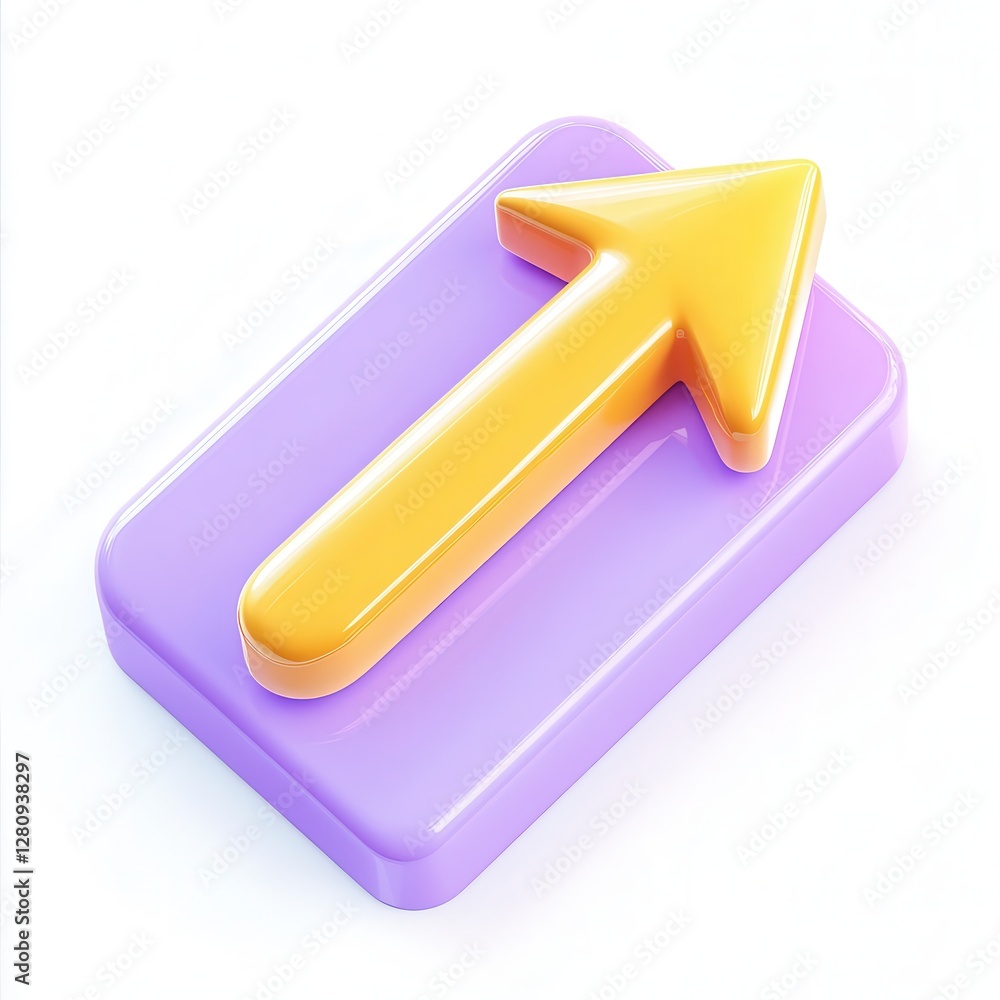 Poster a 3d rendered glossy arrow pointing upwards, set against a light background with a purple button-lik