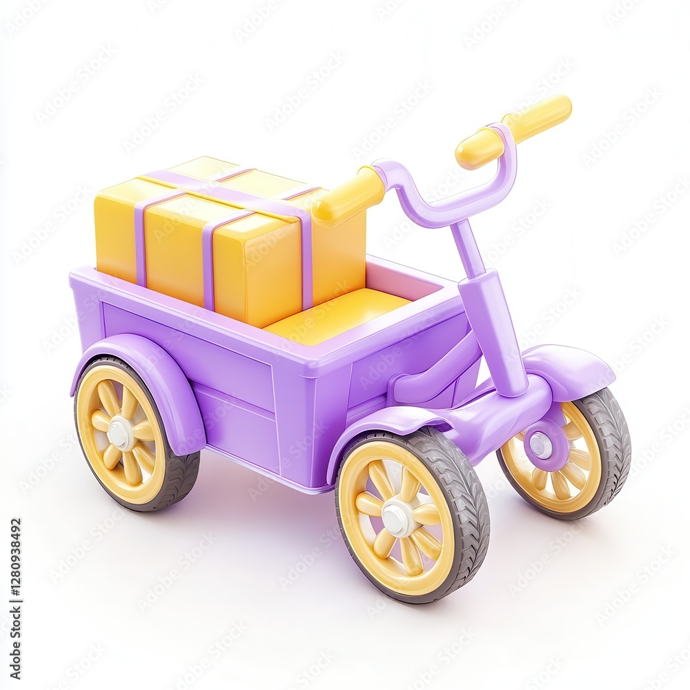 Poster a colorful tricycle with yellow boxes on the back, showcasing a playful design in 3d rendering.