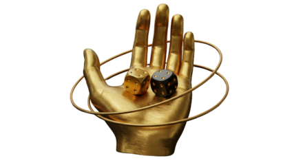 Isolated Golden Hand Offering Black and Gold Dice