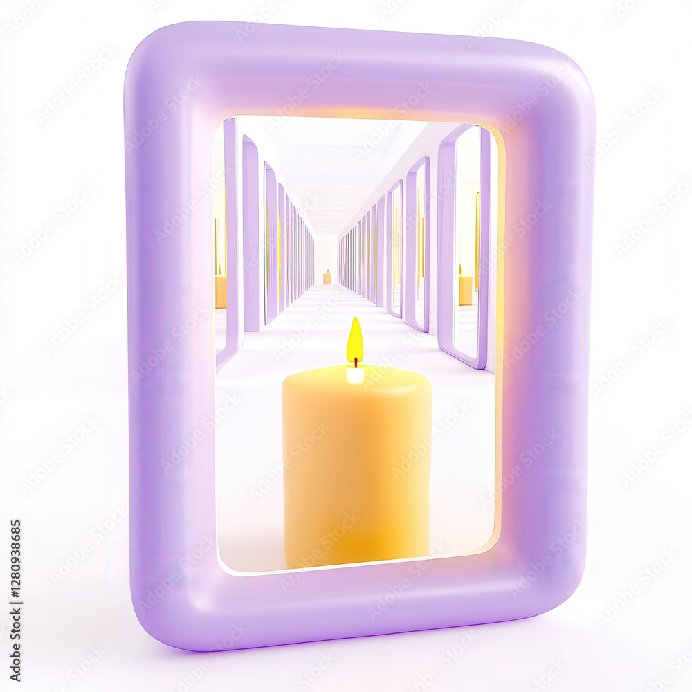 Poster a surreal scene featuring a candle framed by a colorful rectangular border, creating an illusion of 