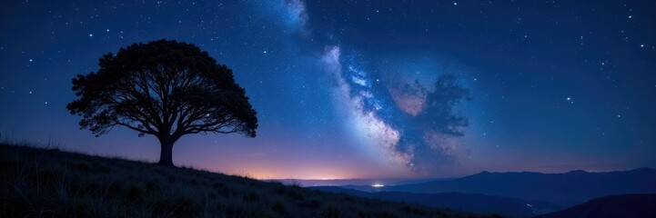 Fototapeta premium Starry night with a lone tree and glowing star trails, atmospheric, glow, night sky