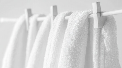 Fototapeta premium Clean and fresh white towels hanging on a line for home and spa decor