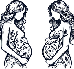 Cute Pregnant Mom With Baby Bump Hand Drawn Vector On White Background