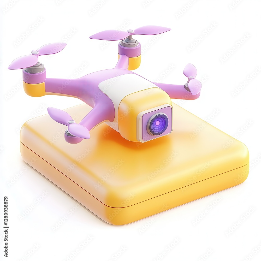 Poster a colorful drone with a square base, featuring a camera, designed in a playful and modern style.