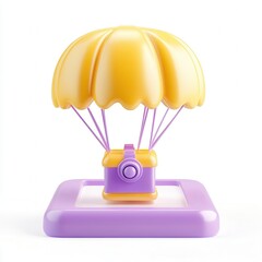A colorful 3D rendering of a camera with a parachute design in vibrant yellow and purple colors.