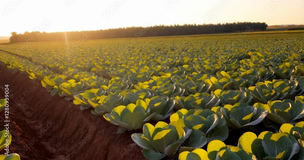 Poster basking in the golden light of a sunset over a field of cabbages, a scene of a setting sun, and a fi