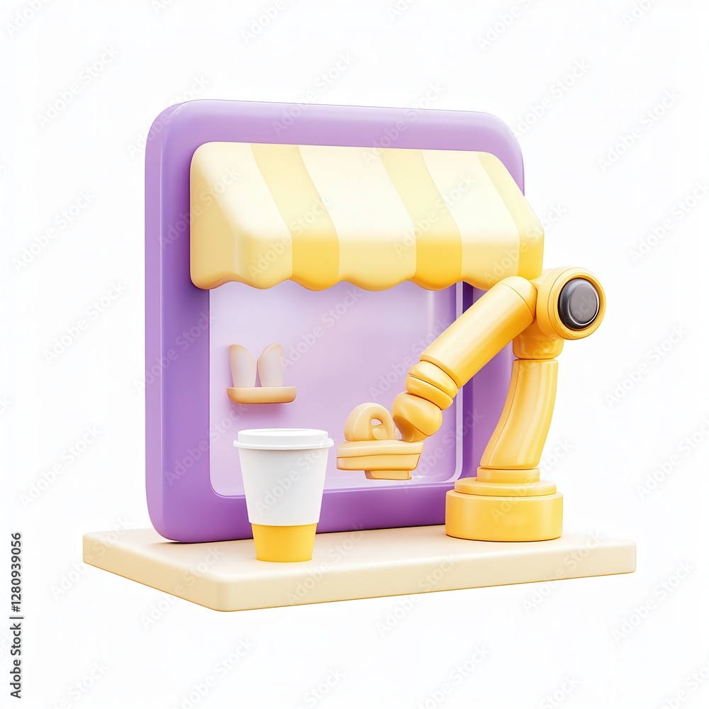 Poster a colorful 3d render of a robotic arm serving coffee at a small café window.