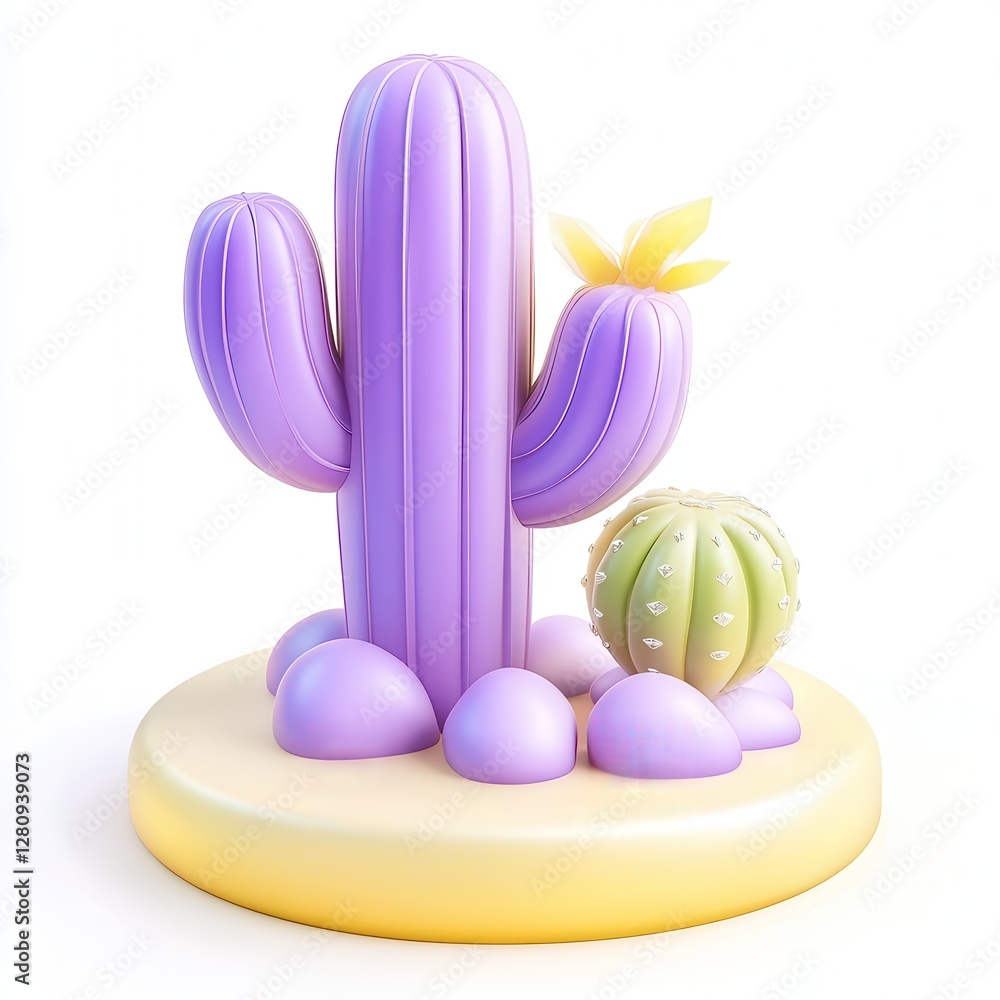 Poster a colorful 3d cactus model with a pastel color palette featuring a tall cactus and a smaller spheric