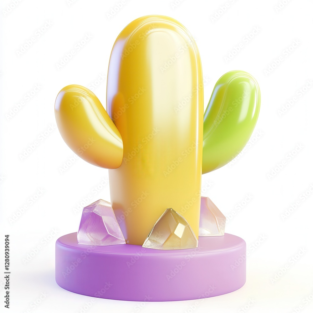 Aufkleber a colorful 3d cactus model with shiny surfaces and crystal-like decorations on a circular base.
