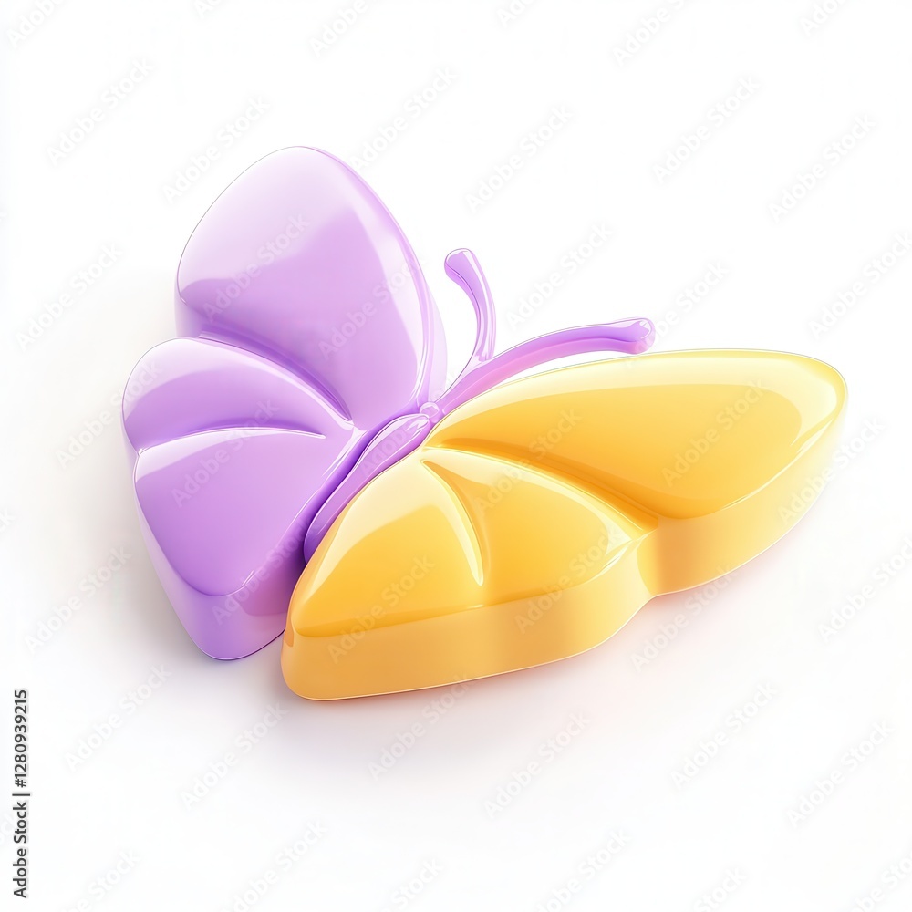 Poster a glossy 3d rendering of a butterfly model featuring pink and yellow colors, showcasing smooth curve