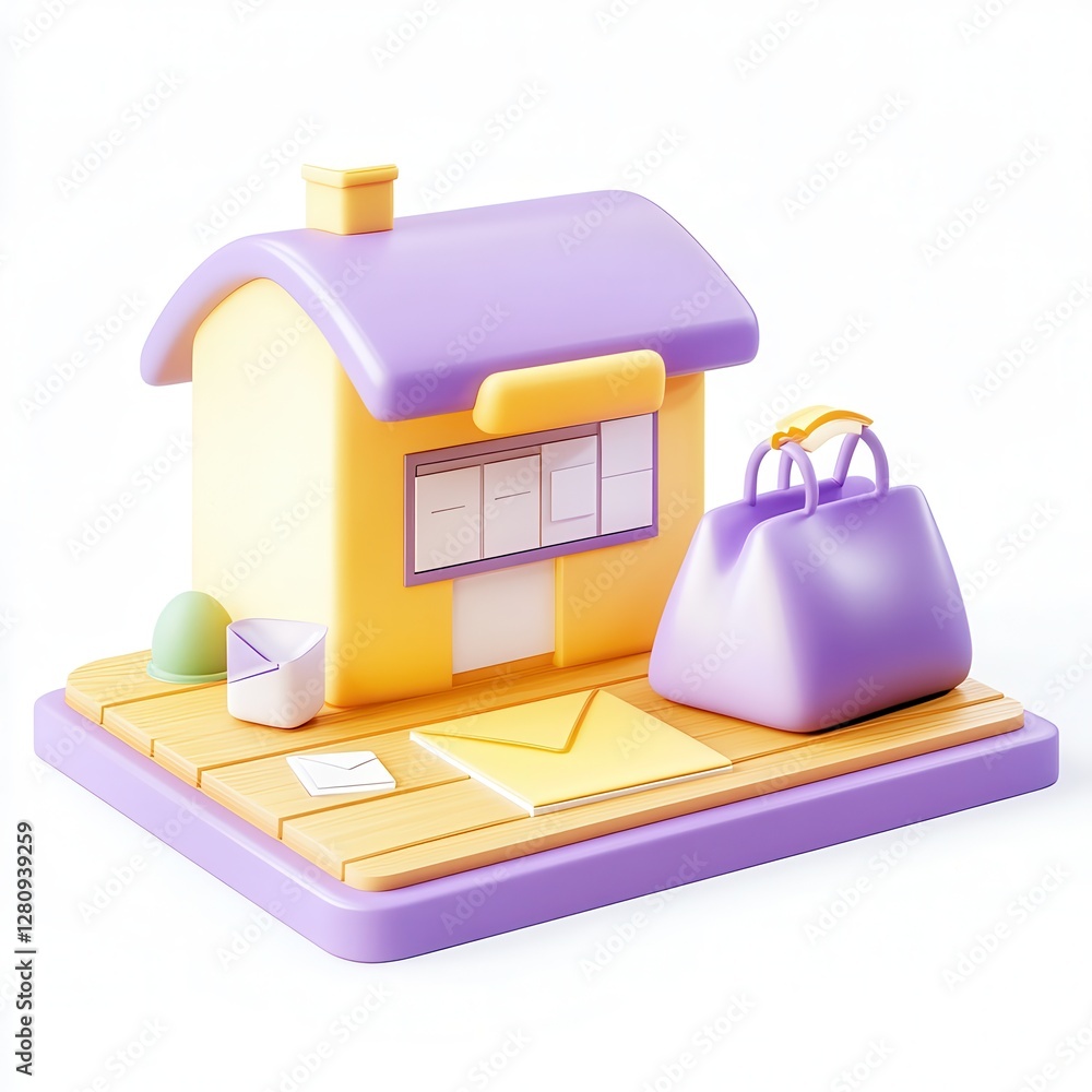 Poster a colorful 3d rendering of a house model with a bag and various items on a wooden platform.