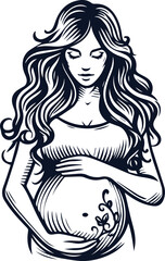 Cute Pregnant Mom With Baby Bump Hand Drawn Vector On White Background