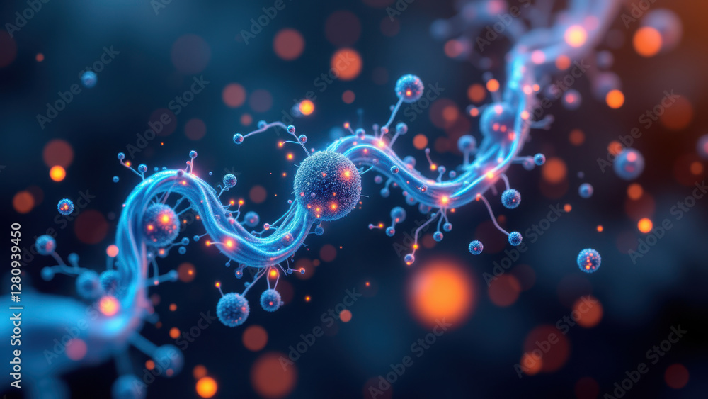 Poster illustration of a neuron with synaptic vesicles, highlighting the molecular structure and function o