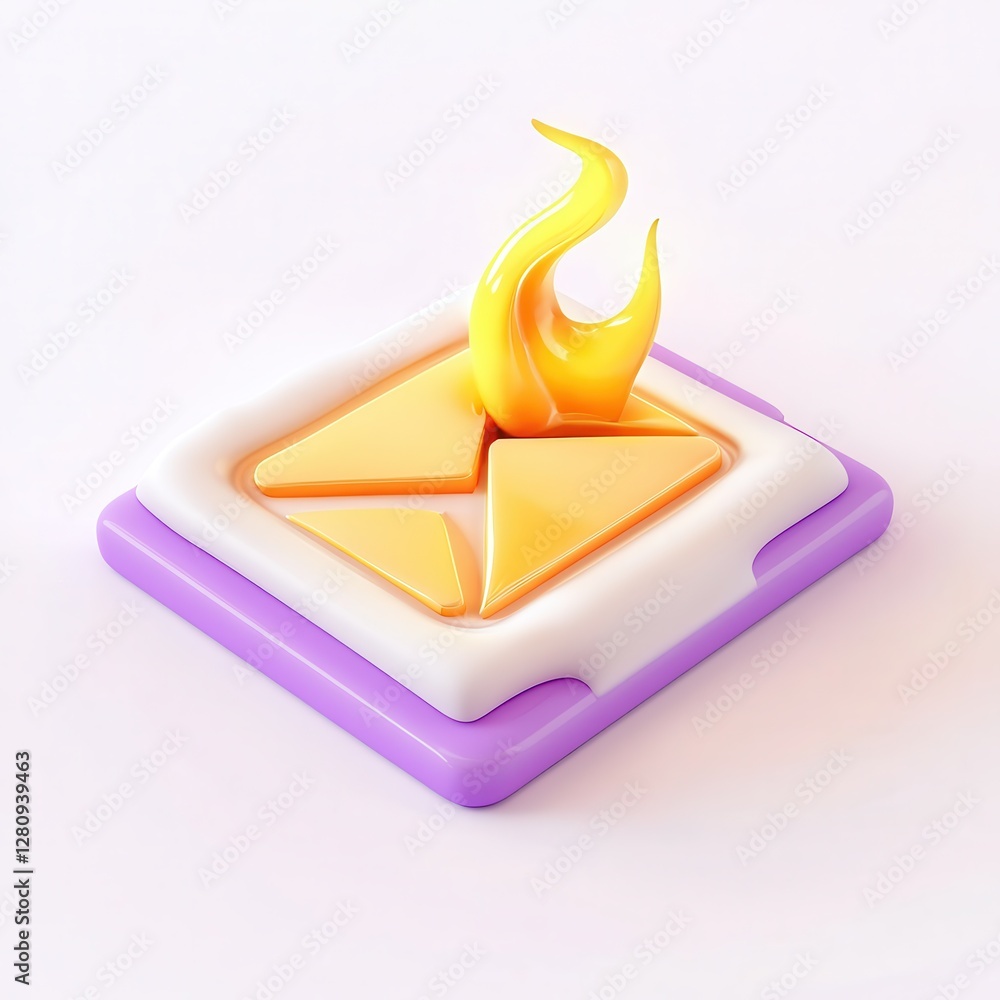Poster a colorful 3d icon featuring an envelope with flames, symbolizing urgency or importance in communica