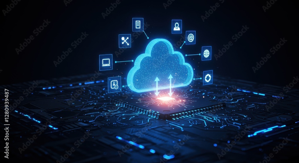 Aufkleber a glowing digital cloud surrounded by icons representing data, connectivity and technology floating 