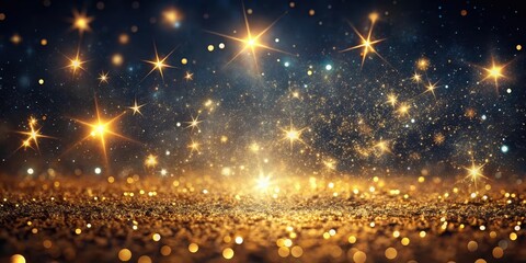Naklejka premium Mystical night with starry sky and abstract gold sparkles scattered across a dark background, creating an ethereal atmosphere, mystical night, abstract sparkles
