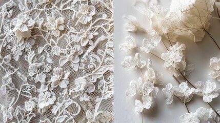White lace fabric, delicate floral textures.