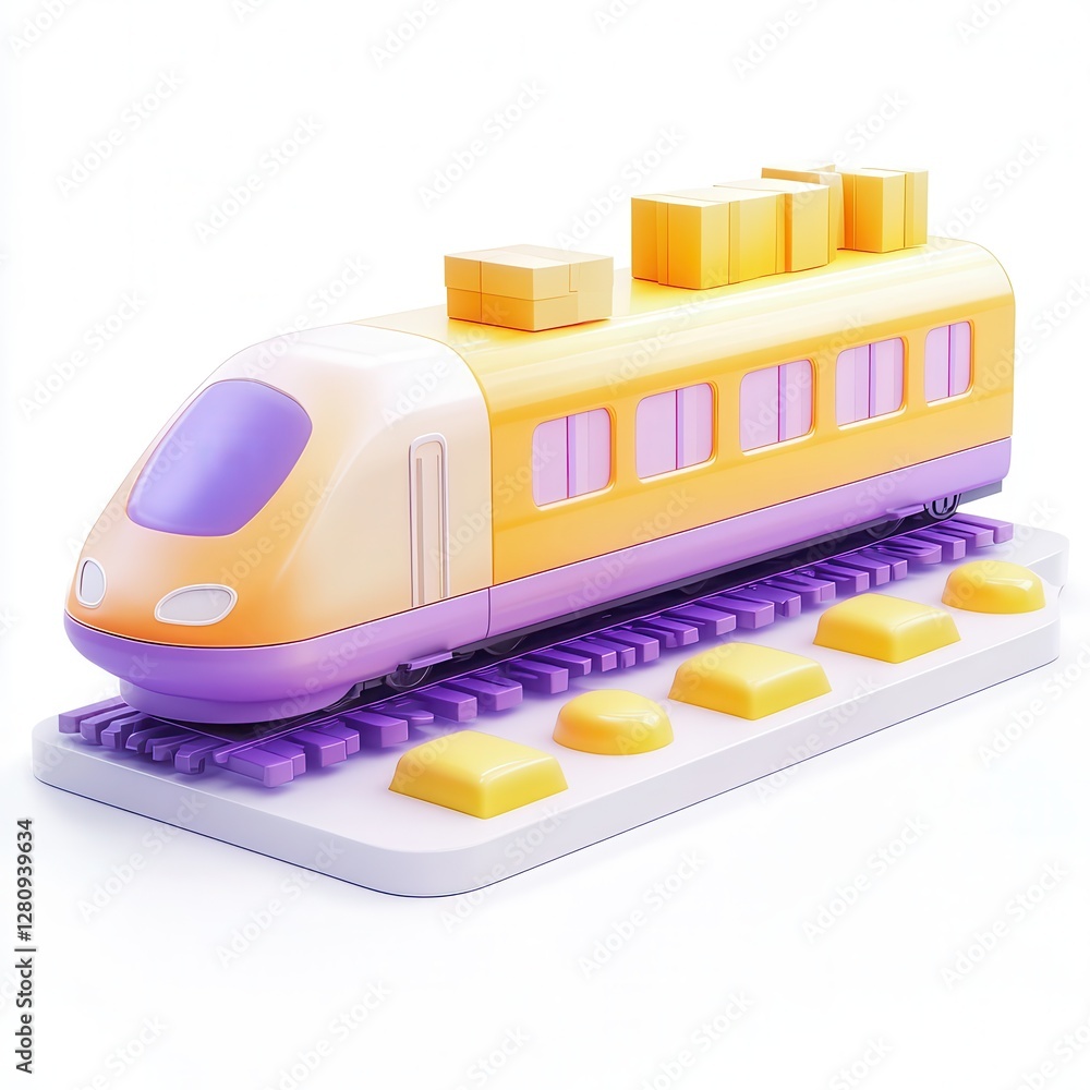 Poster a colorful 3d model of a stylized train with boxes on top, set on a track with vibrant colors.