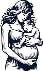 Cute Pregnant Mom With Baby Bump Hand Drawn Vector On White Background