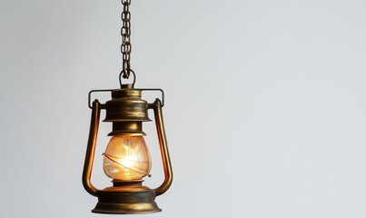 Obraz premium Antique lantern hanging from a chain, softly illuminating a minimalistic white background
