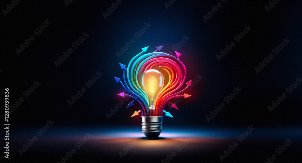 Poster a vibrant light bulb emits colorful swirls, creating a spectrum of rainbow hues. illuminated against