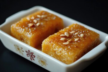Two pieces of candy dessert in a small dish with frosted topping. Sweet and nutty flavor, likely baked.