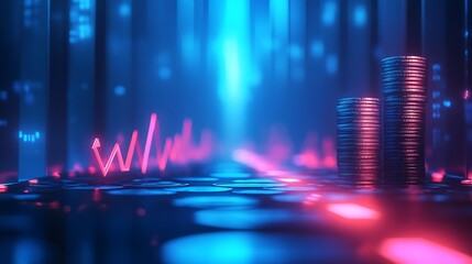 Fototapeta premium Financial Growth with Stacked Coins and Arrows, Stacks of coins with upward arrows on a blue bokeh background