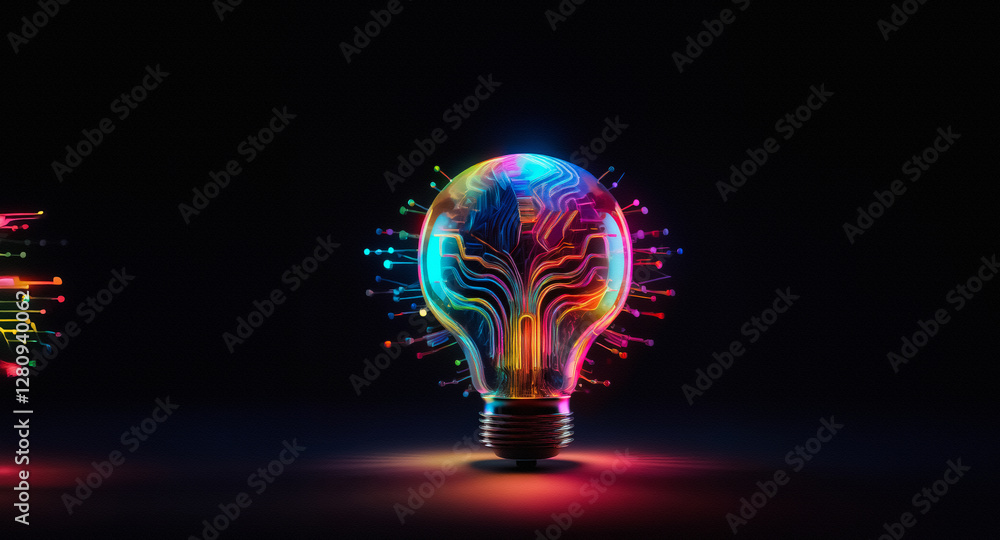Aufkleber Abstract digital light bulb art with vibrant, colorful lines and dots on a dark backdrop.  A glowing representation of ideas and innovation.