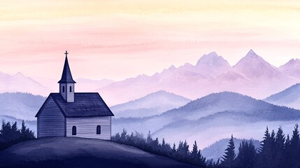 Fototapeta premium Watercolor Painting of a Wooden Church on a Hilltop