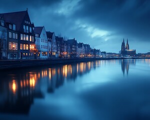 Obraz premium Dusk riverside town, cathedral, reflection