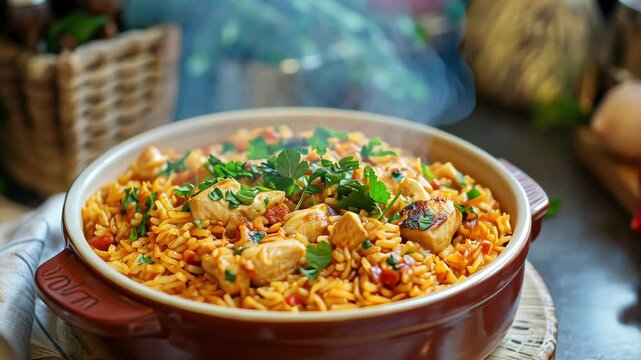 Chicken kabsa with rice in clay bowl