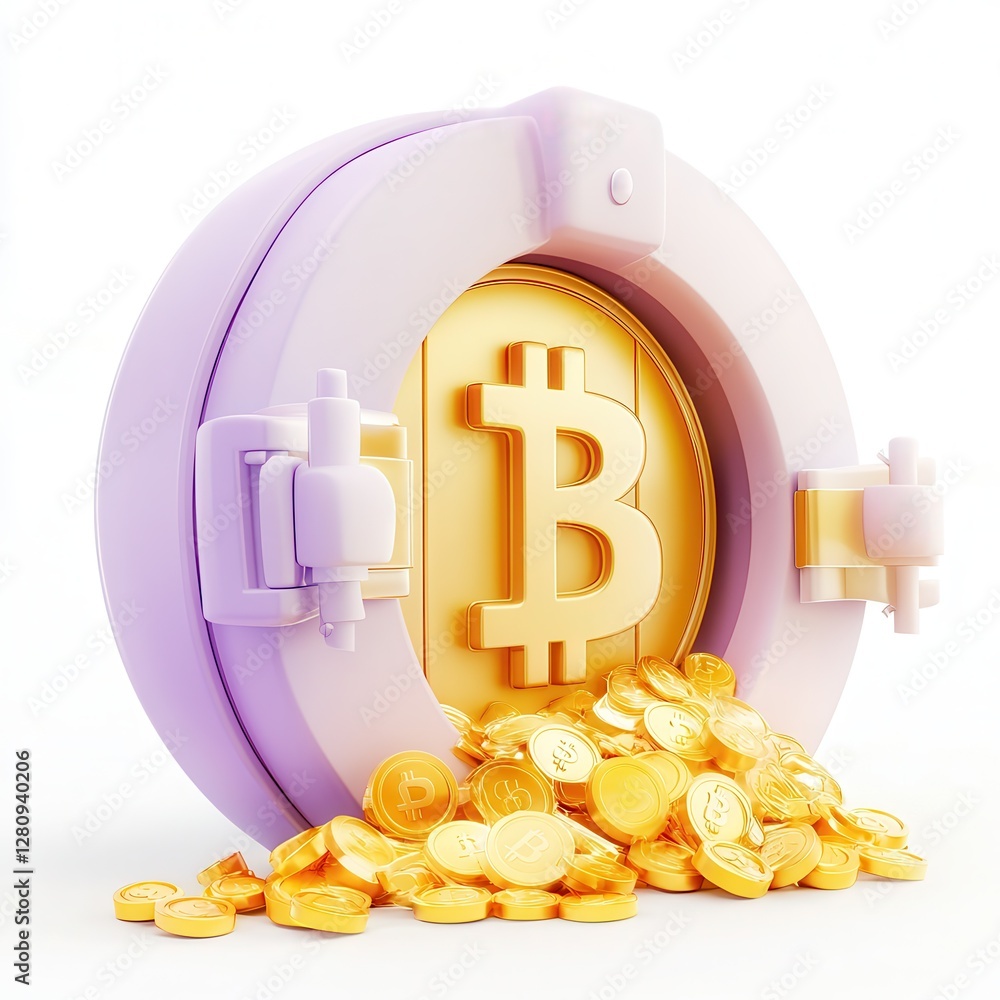 Poster a creative 3d rendering of a vault door overflowing with bitcoin coins, symbolizing digital currency
