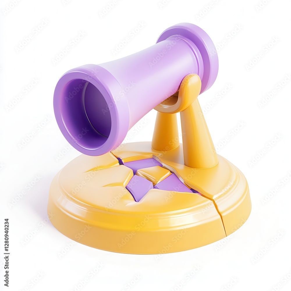 Poster a colorful 3d model of a toy telescope with a broken base, showcasing playful design and bright colo