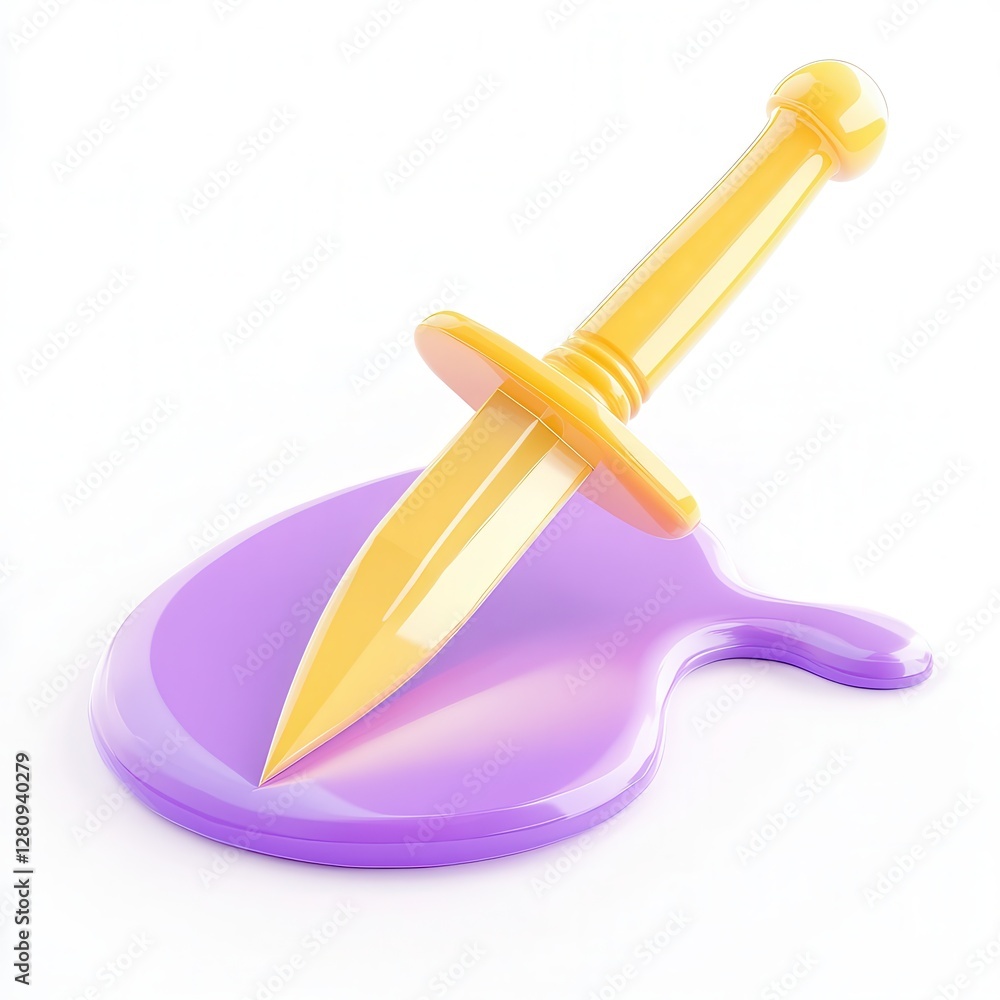Poster a bright yellow dagger embedded in a purple blob of liquid, showcasing a glossy and vibrant design.