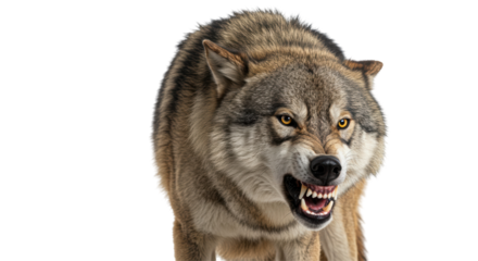Isolated Snarling Wolf Showing Teeth in Aggressive Stance