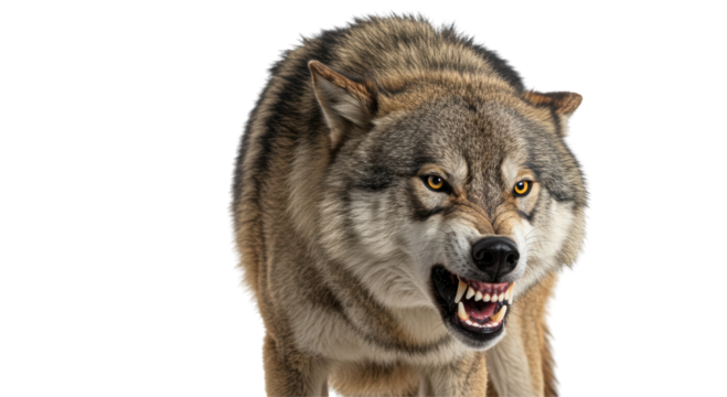 Isolated Snarling Wolf Showing Teeth in Aggressive Stance