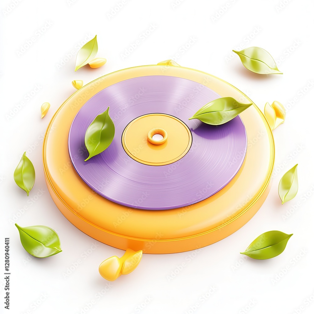 Poster a vibrant 3d render of a record player surrounded by leaves, blending modern design with nature's el