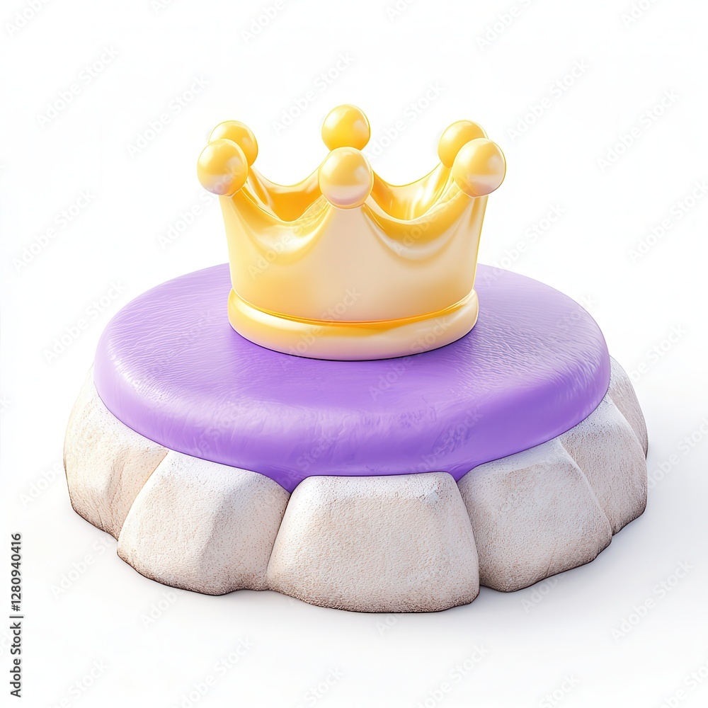 Poster A stylized crown resting on a soft, purple cushion with a textured base, designed in a 3D rendering style.