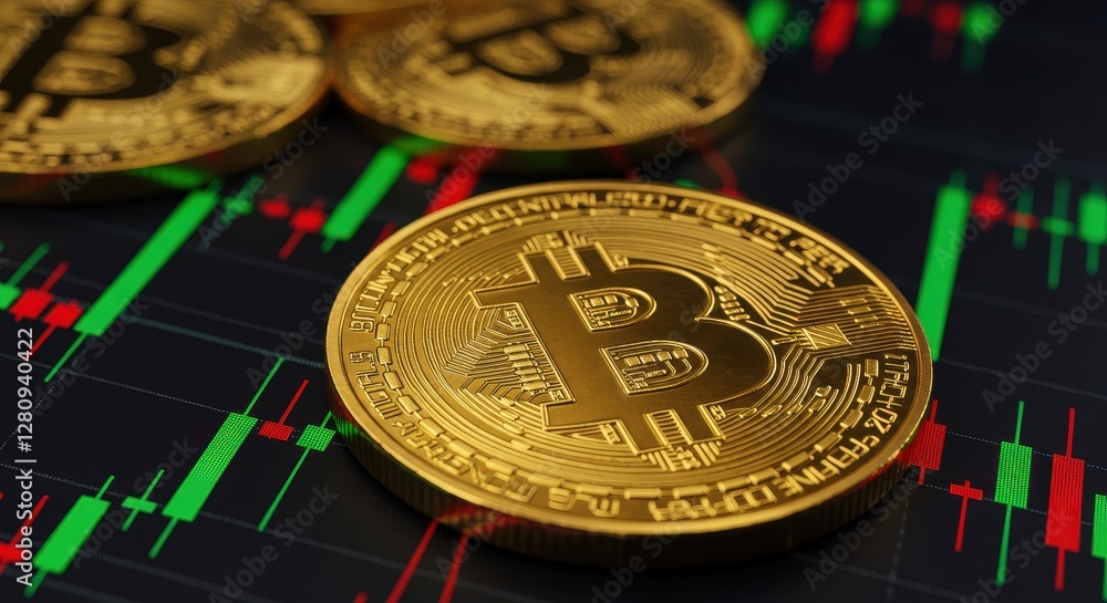 Poster a close-up view of a shiny golden bitcoin coin placed on a vibrant digital financial chart backgroun