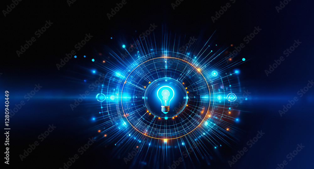 Aufkleber Abstract glowing circular design with blue and orange lights on a dark backdrop. Evokes a futuristic and technological feel, with radiating energy and digital elements.